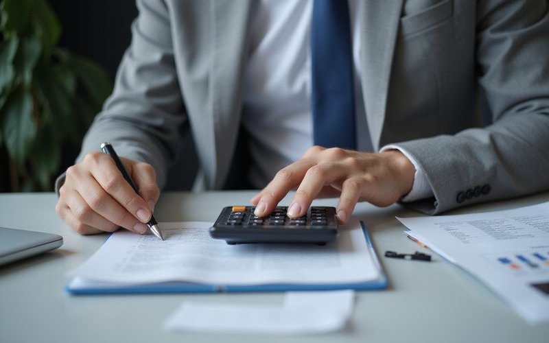 Business accountant calculating Section 179 tax deductions for equipment purchase with calculator and tax forms