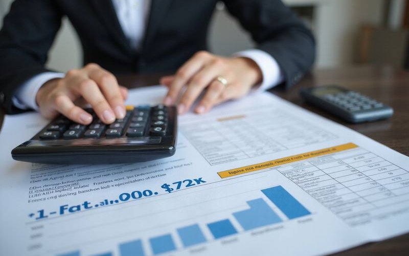 Business accountant reviewing Section 179 tax deduction forms at desk with calculator and financial documents representing tax benefits of equipment financing