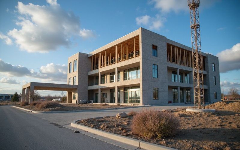 Business expansion with new building under construction representing large investment financed through SBA loan