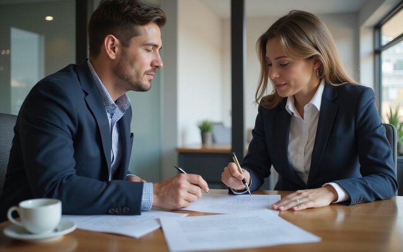 Business loan approval process represented by businessman signing loan documents with lender representative