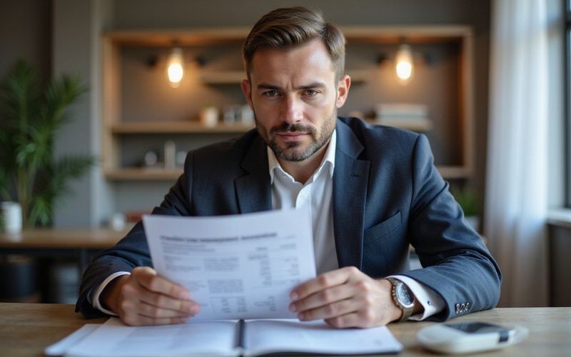 Business owner confidently reviewing credit line statement at desk showing successful credit management