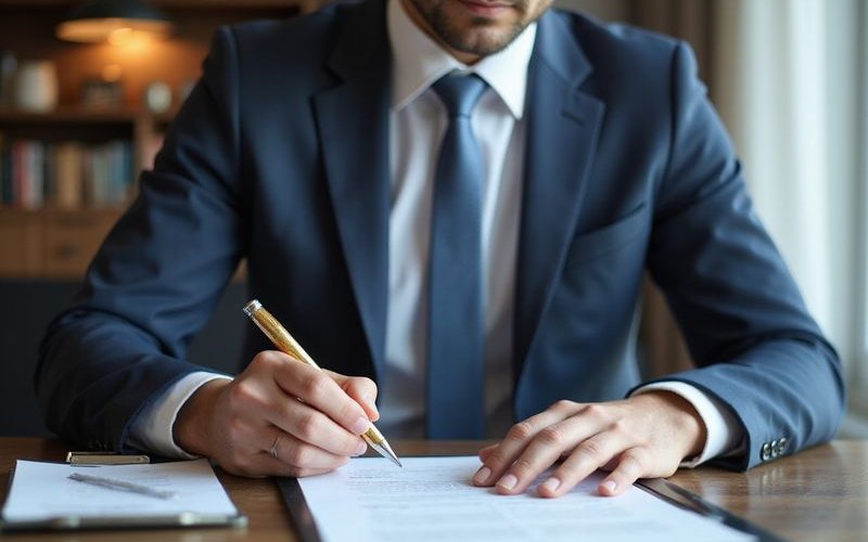 Business owner carefully reading financing agreement fine print before signing business loan contract