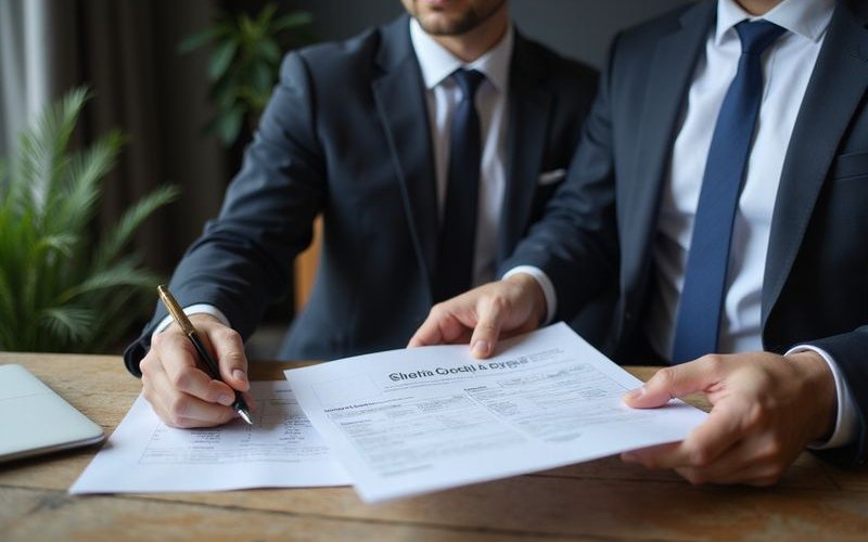 Business owner reviewing credit report and financial documents for loan qualification requirements