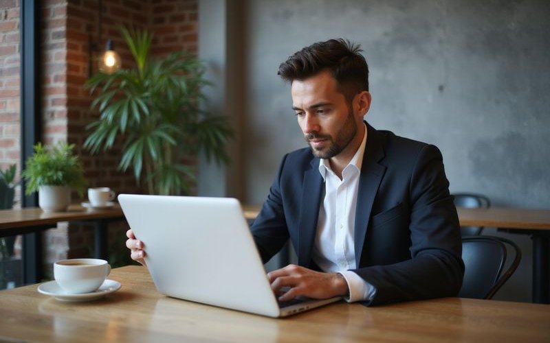 Business owner reviewing financial options on laptop with coffee shop environment representing freedom of MCA fund usage
