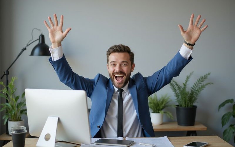 Business professional celebrating loan approval at computer desk with excited expression representing fast working capital funding