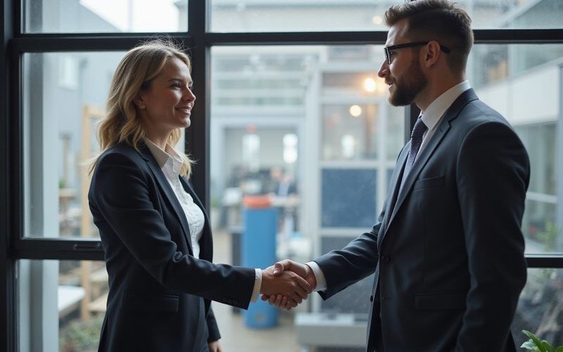 Business professional shaking hands with equipment vendor in modern office with industrial equipment visible through window representing successful equipment financing deal