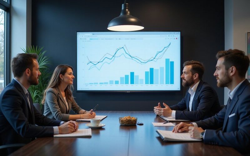 Business team meeting around conference table discussing financial options with charts on screen representing working capital planning