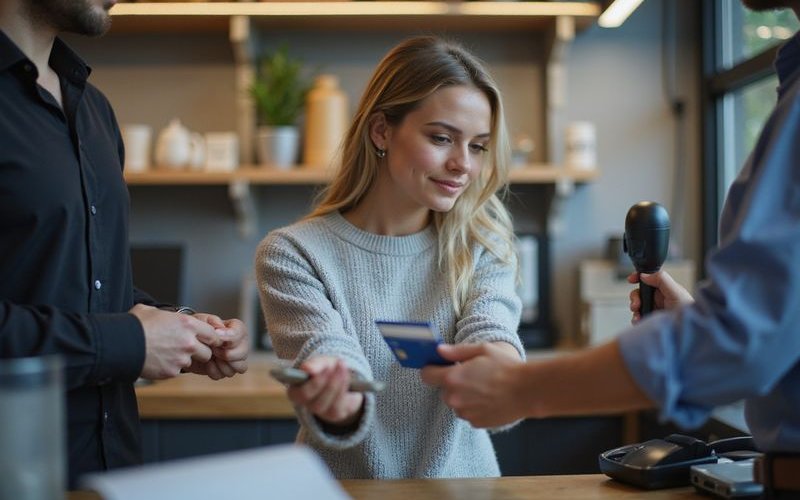 Busy retail store checkout area with customer making card payment representing ideal MCA candidate with high transaction volume