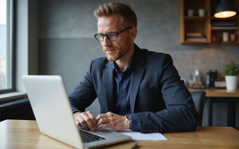 Dallas business owner applying for fast business funding on laptop in modern office environment