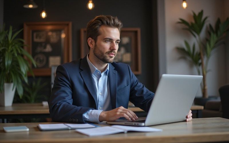 Dallas business owner working on laptop managing working capital and business finances in modern office