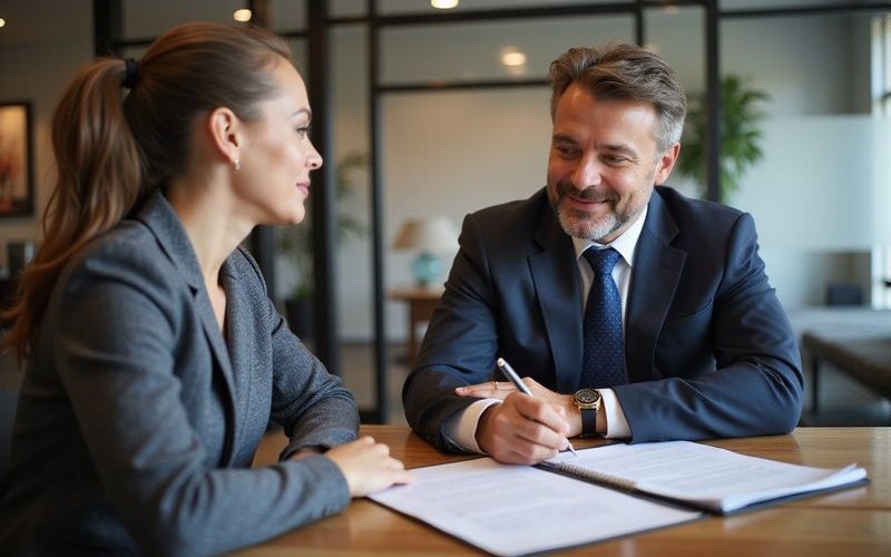 Professional meeting in bank office with business owner signing SBA loan documents with advisor representing government-backed financing