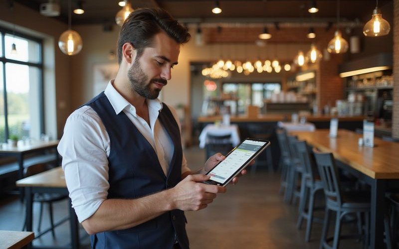 Restaurant owner checking daily sales on tablet with busy dining room in background representing revenue-based financing