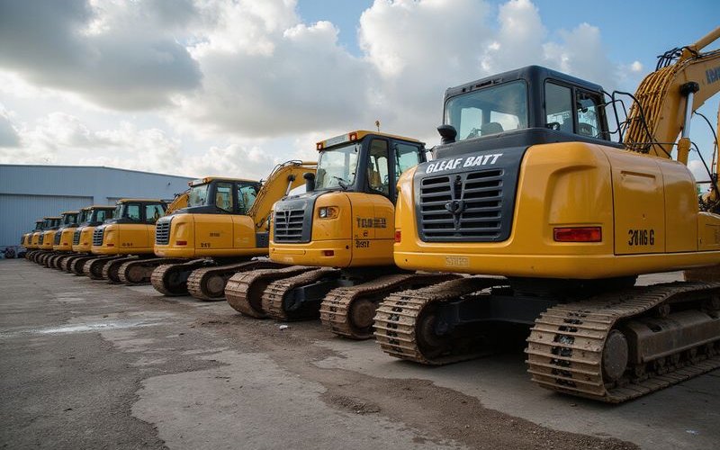 Row of construction equipment including excavators and loaders available for financing at equipment dealer lot