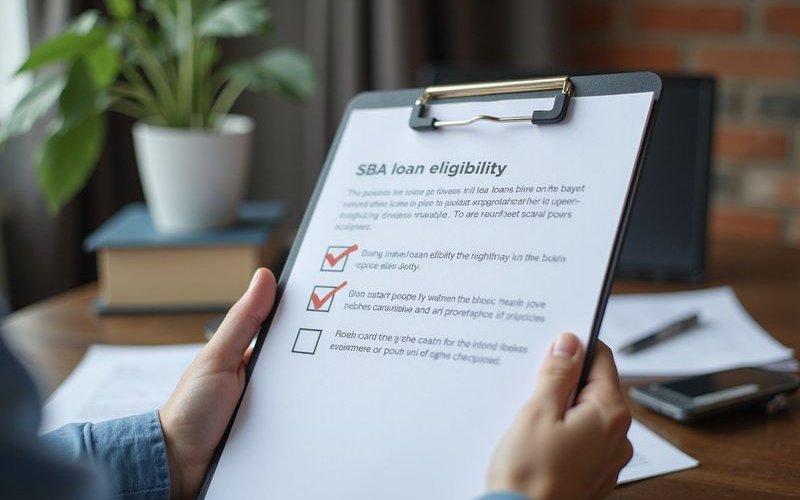 SBA loan eligibility checklist displayed on clipboard with checkmarks for business requirements