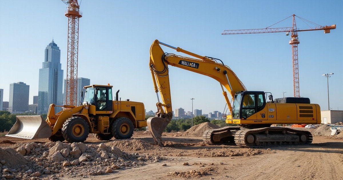 Heavy construction equipment including excavator and loader at Dallas construction site